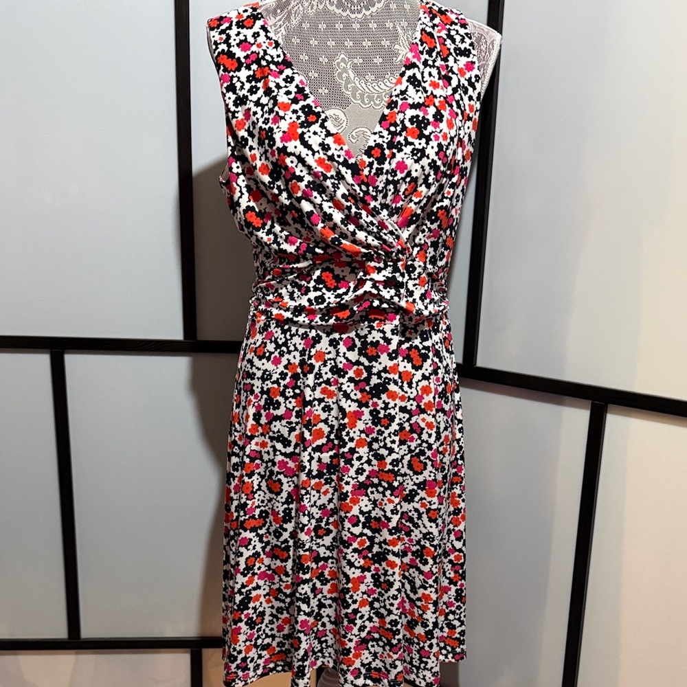 Tommy Hilfiger Floral Faux-Wrap Midi Dress in Black, White & Coral